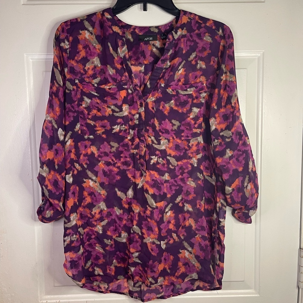 Apt. 9 Purple Abstract Floral Roll Tab Sleeve Chiffon Blouse Small